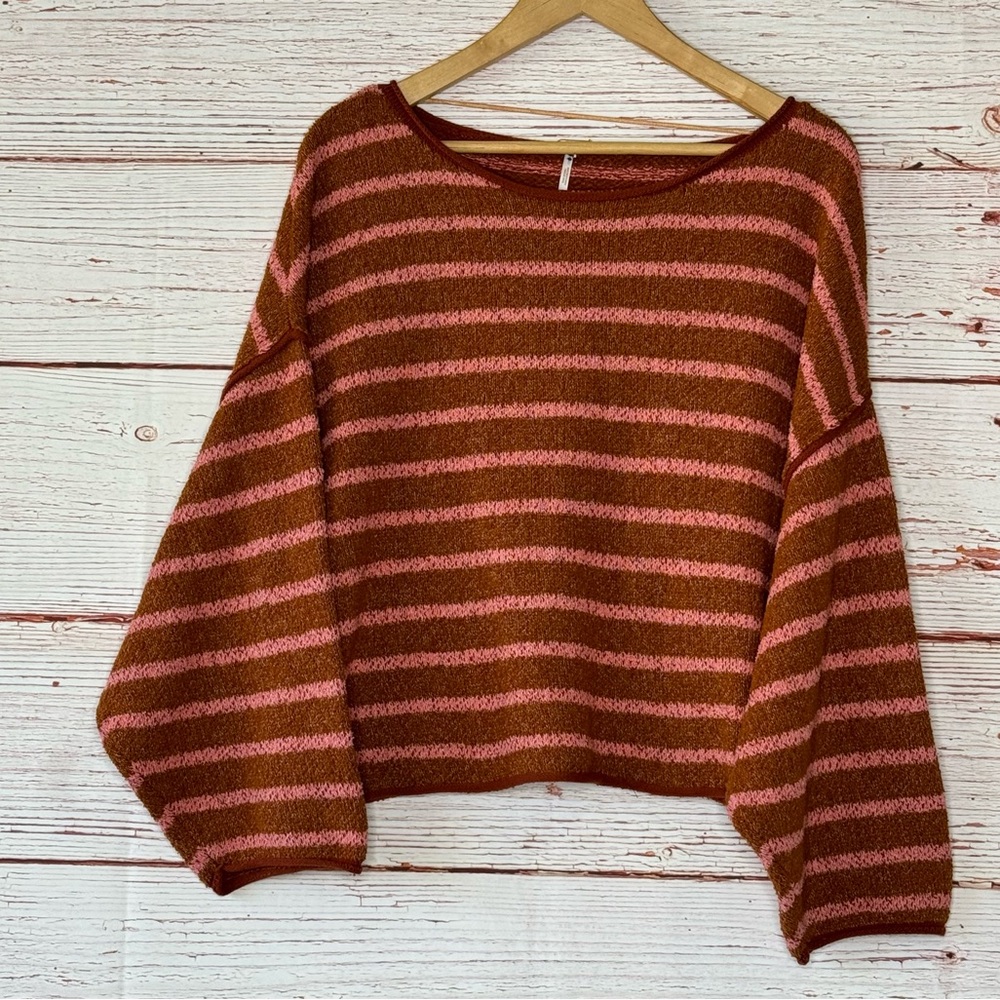 Free People Bardot Slouchy Sweater in Cedar Flower Combo Stripe Sz S - Picture 4 of 14